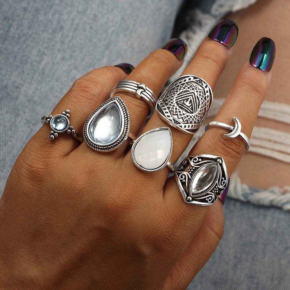 *LUCINDA* 7-Pc Silver x Blue Fashion Ring Set